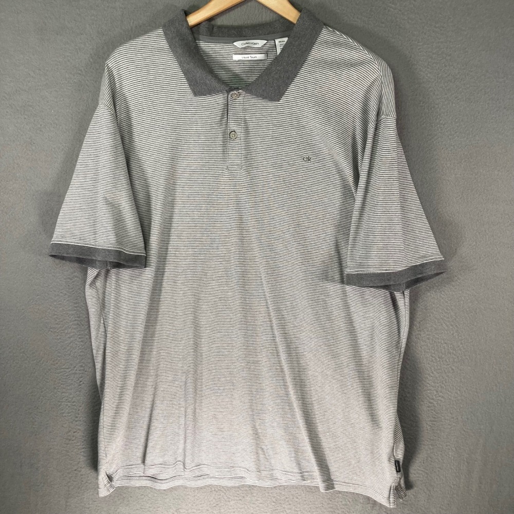 Calvin Klein Liquid Touch Men's Polo Shirt‎ XXL Gray White Striped Cotton Blend